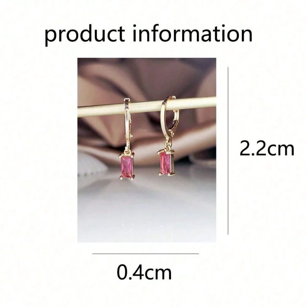 Emerald Cut Pink Zirconia Gold Hoop Earrings Dangle Pendant Drop Crystal Charm - Picture 4 of 4